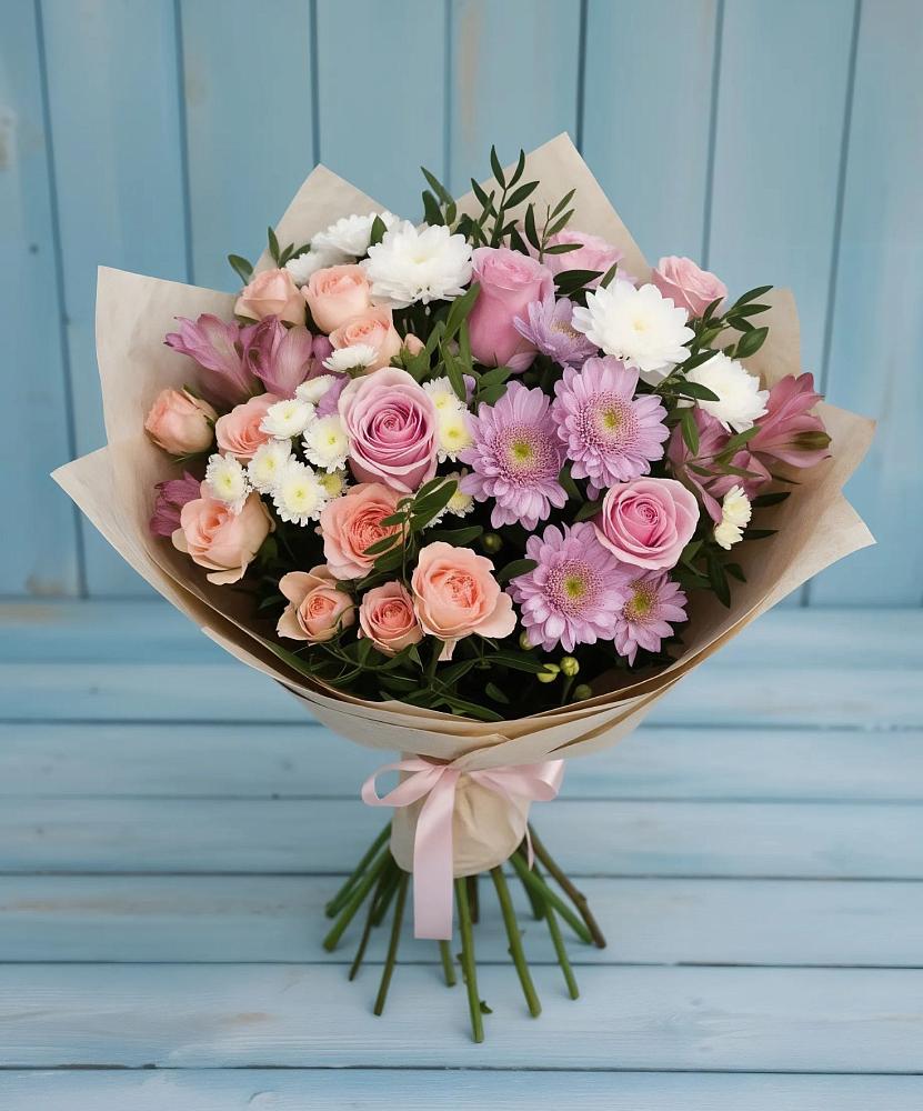 Букет цветов из: Хризантемы, Розы и Альстромерии в Песковке
