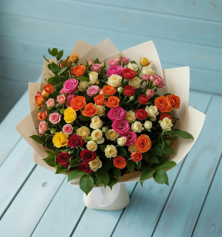 Букет Микс из разноцветных кустовых роз в Песковке