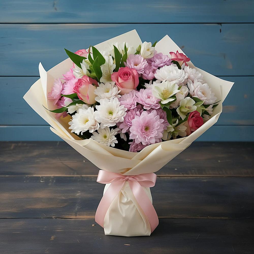 Букет цветов из: Хризантемы, Альстромерии и Розы в Песковке